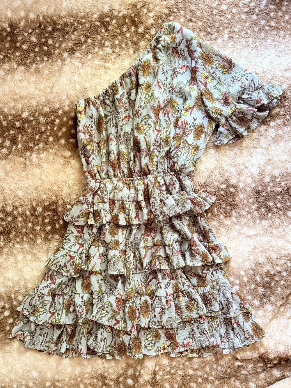 M Diamond Brand Blue Paisley Floral One Shoulder Tiered Ruffle Mini Dress NWOT - Picture 2 of 4